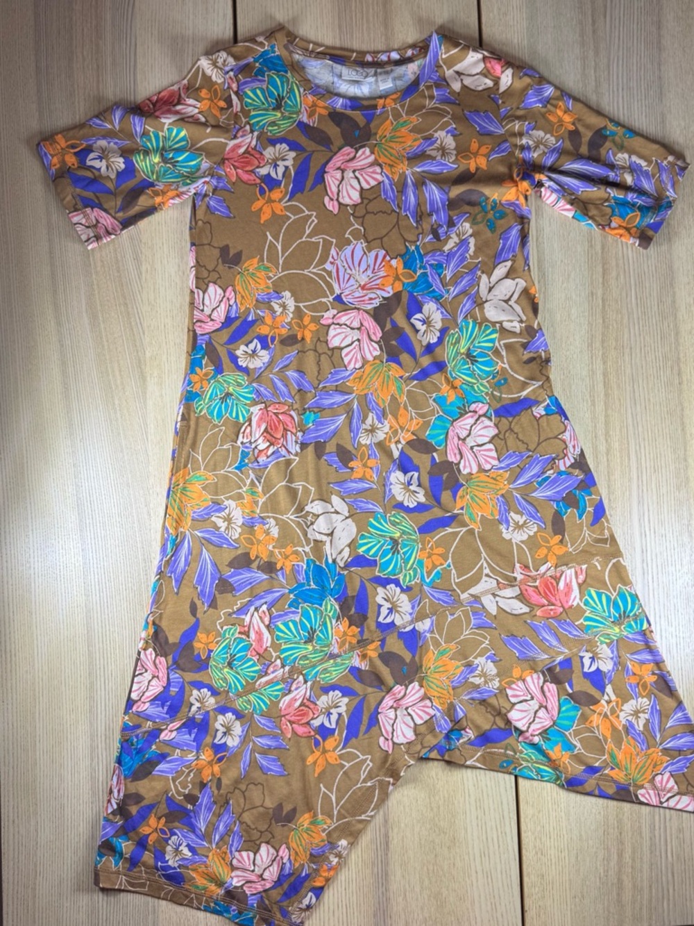 LOGO Lori Goldstein Floral Sharkbite Hem Dress Brown Multi Petite XXSP